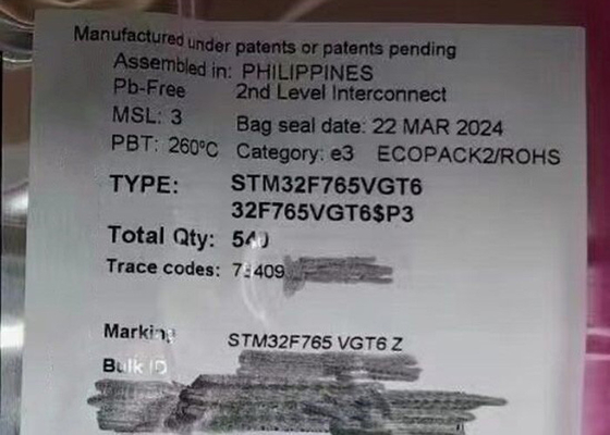 ইন্টিগ্রেটেড সার্কিট চিপ STM32F765VGT6 1MB একক কোর মাইক্রোকন্ট্রোলার IC 100-LQFP