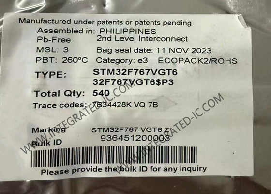 মাইক্রোকন্ট্রোলার এমসিইউ STM32F767VGT6 32-বিট সিঙ্গল-কোর 216MHz 1MB মাইক্রোকন্ট্রোলার আইসি